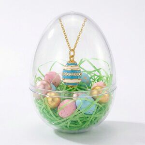 Easter Blue White Striped Charm Pendant Necklace